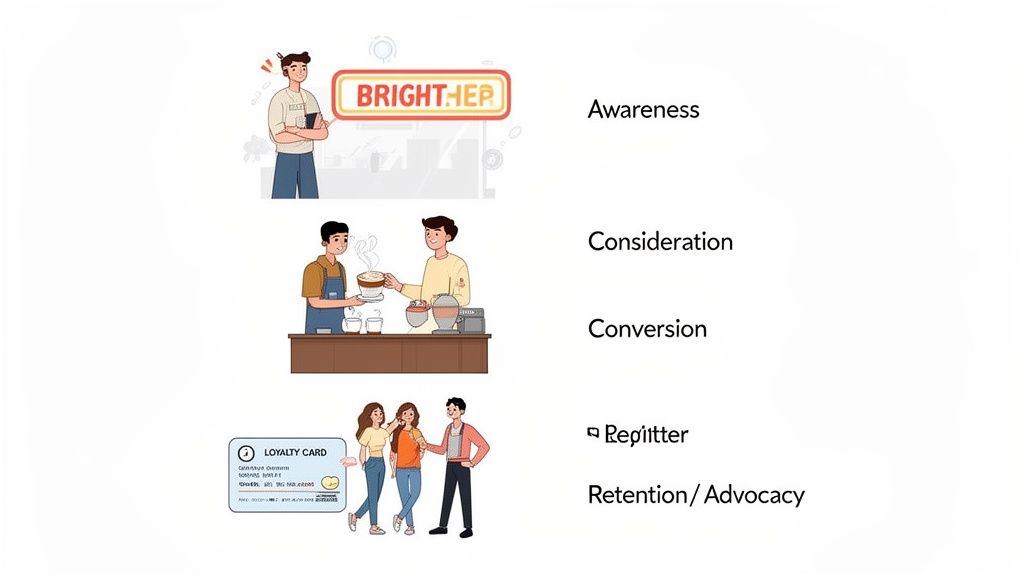 An illustration displaying the five stages of a marketing funnel: awareness, consideration, conversion, and retention.