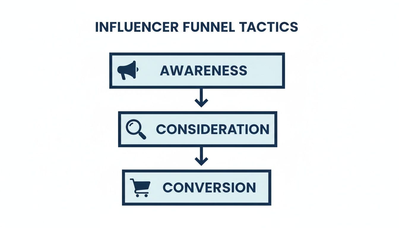 Influencer marketing funnel diagram showing three stages: Awareness, Consideration, and Conversion with icons.