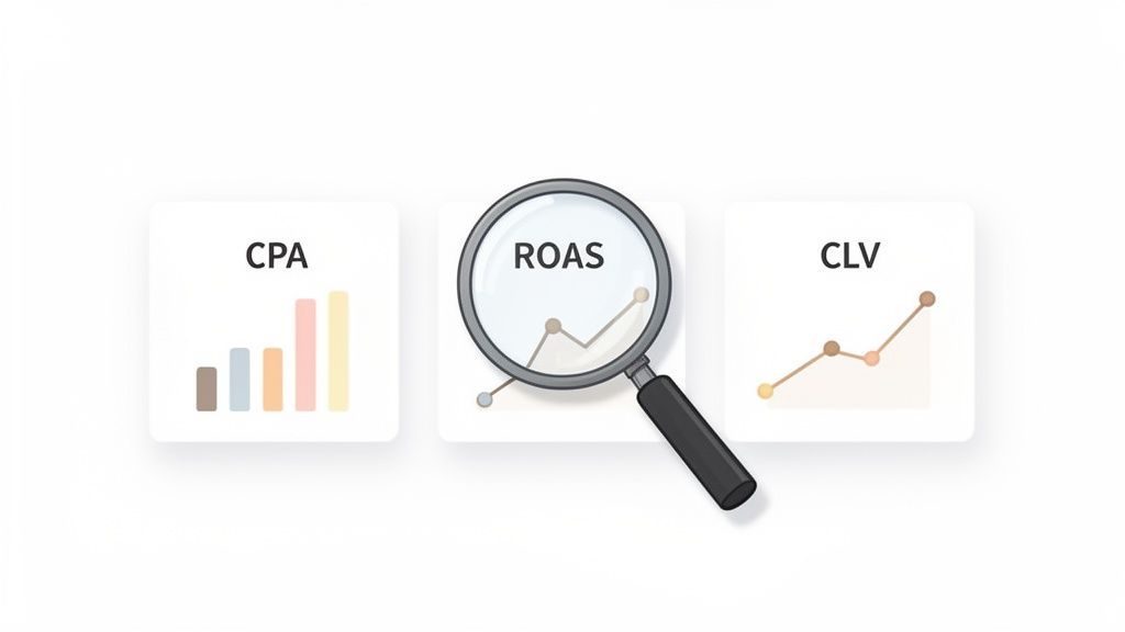 Illustration of key performance marketing metrics such as CPA, ROAS under a magnifying glass, and CLV charts.