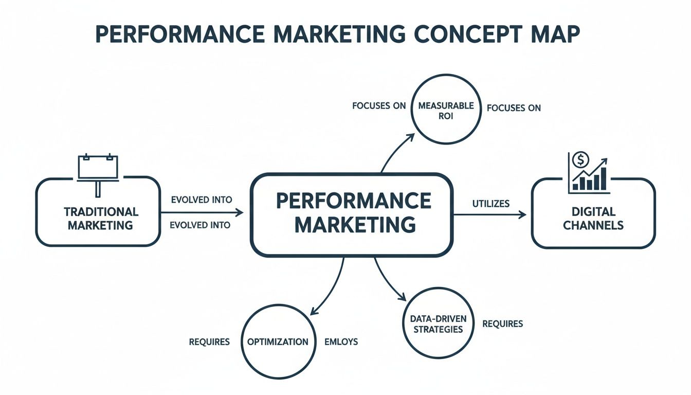 A concept map illustrating what is performance marketing, its evolution, digital channels, measurable ROI, data-driven strategies, and optimization.