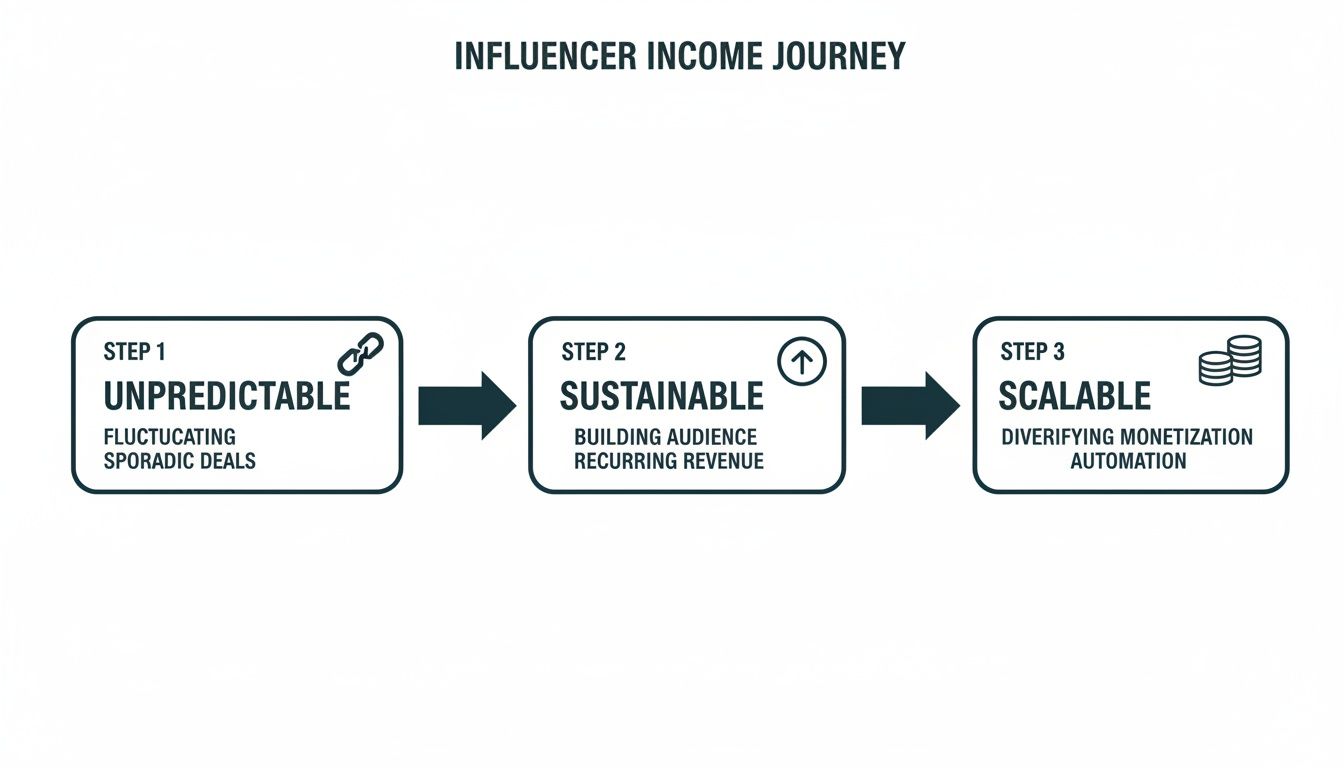 Infographic illustrating the three steps of an influencer's income journey: Unpredictable, Sustainable, and Scalable.