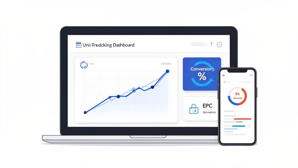 Laptop and smartphone display a Uni:Tracking dashboard with performance analytics, conversion rates, and EPC.