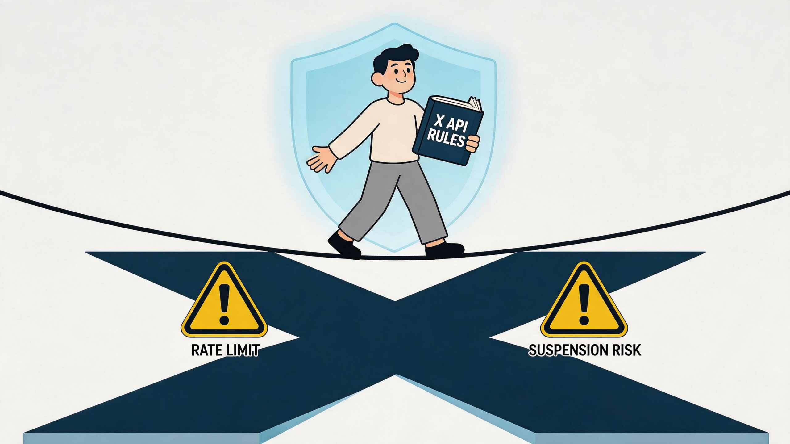 A person walks on a tightrope while holding an X API rules book, avoiding risk and limits.
