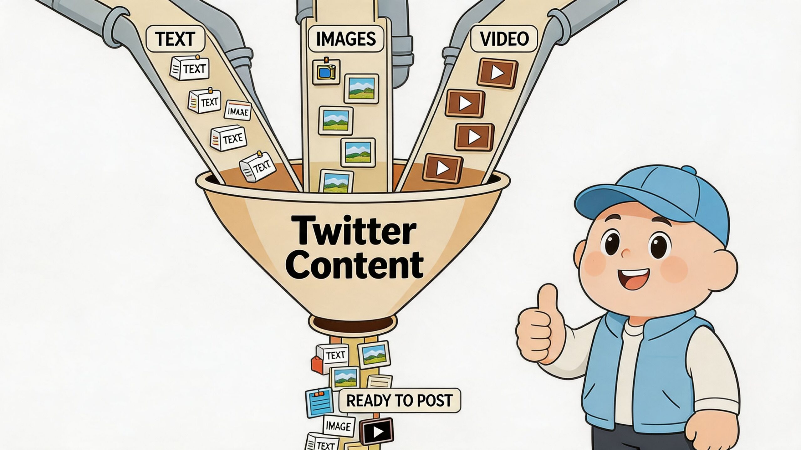 A friendly character illustrating the process of consolidating text, images, and video content for Twitter automation.