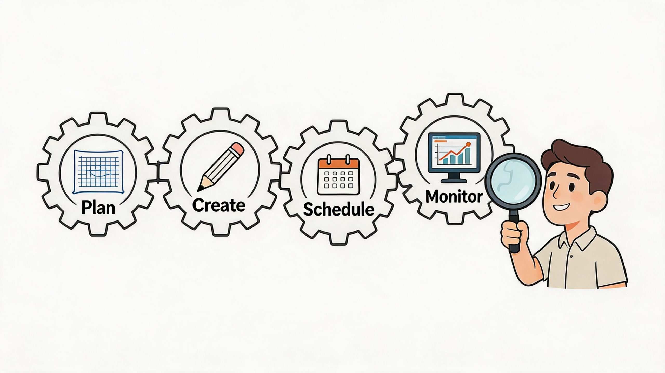 A diagram with four gears representing the process of planning, creating, scheduling, and monitoring social media posts.