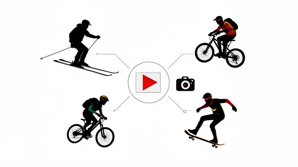 Graphic showcasing four different action sports activities connected to a central play and camera icon.