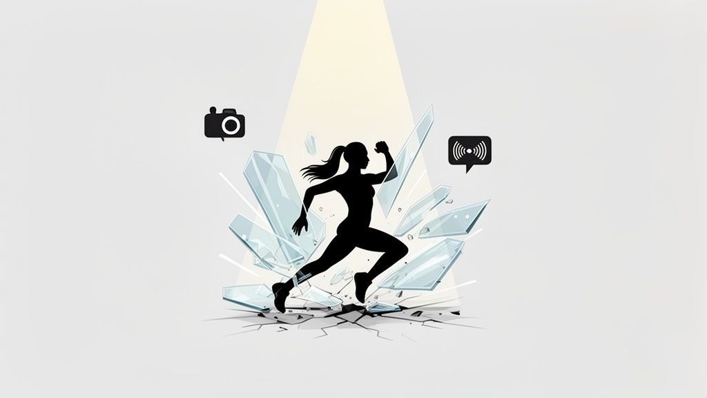 A black silhouette of a person running through shattering glass with digital icons floating above.