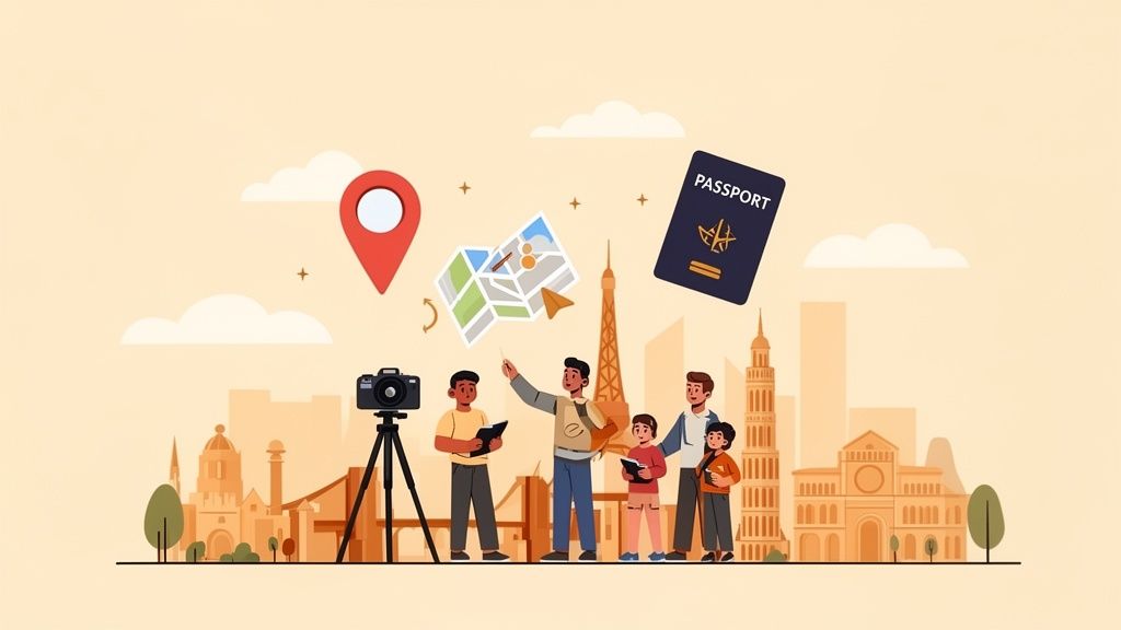 A group of travelers and a photographer planning a trip with a map in front of landmarks.