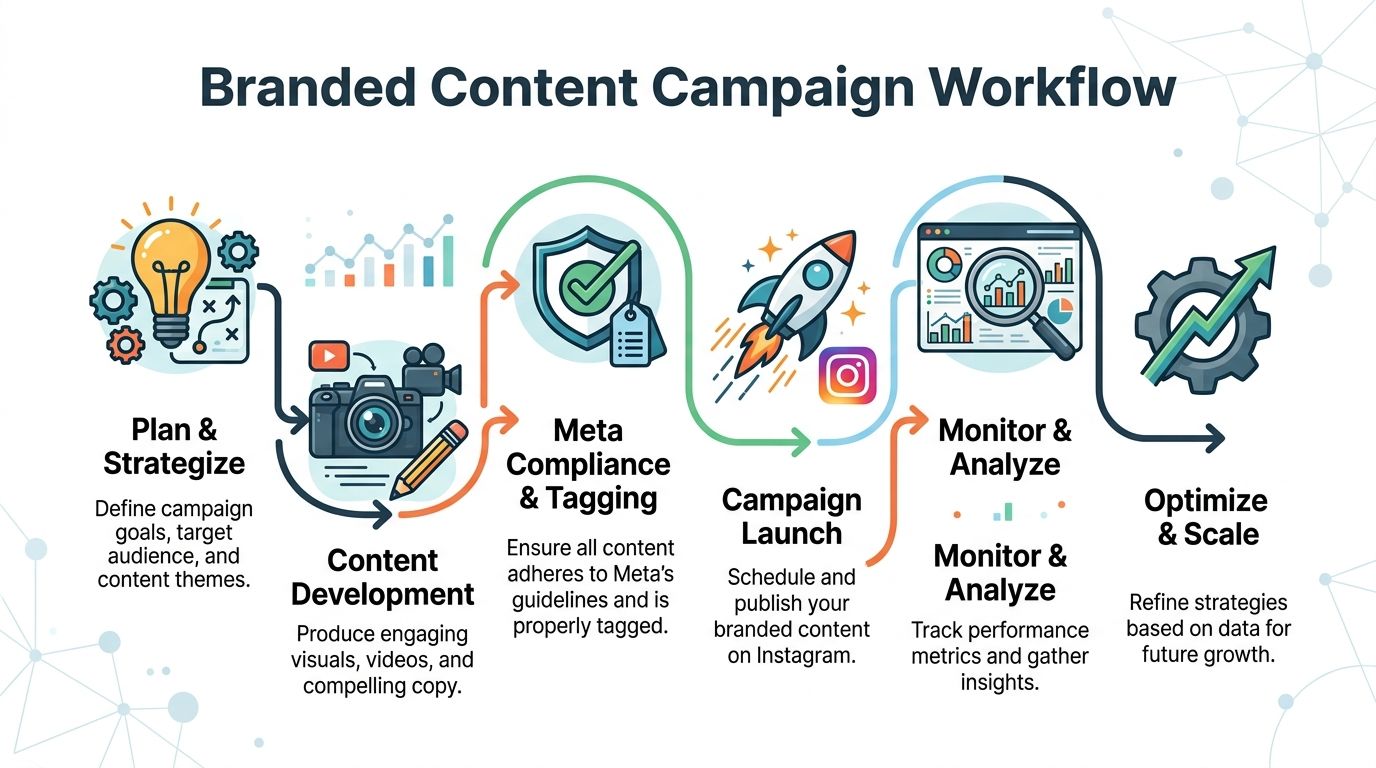 A workflow diagram illustrating the step-by-step process of managing a branded content campaign on Instagram.