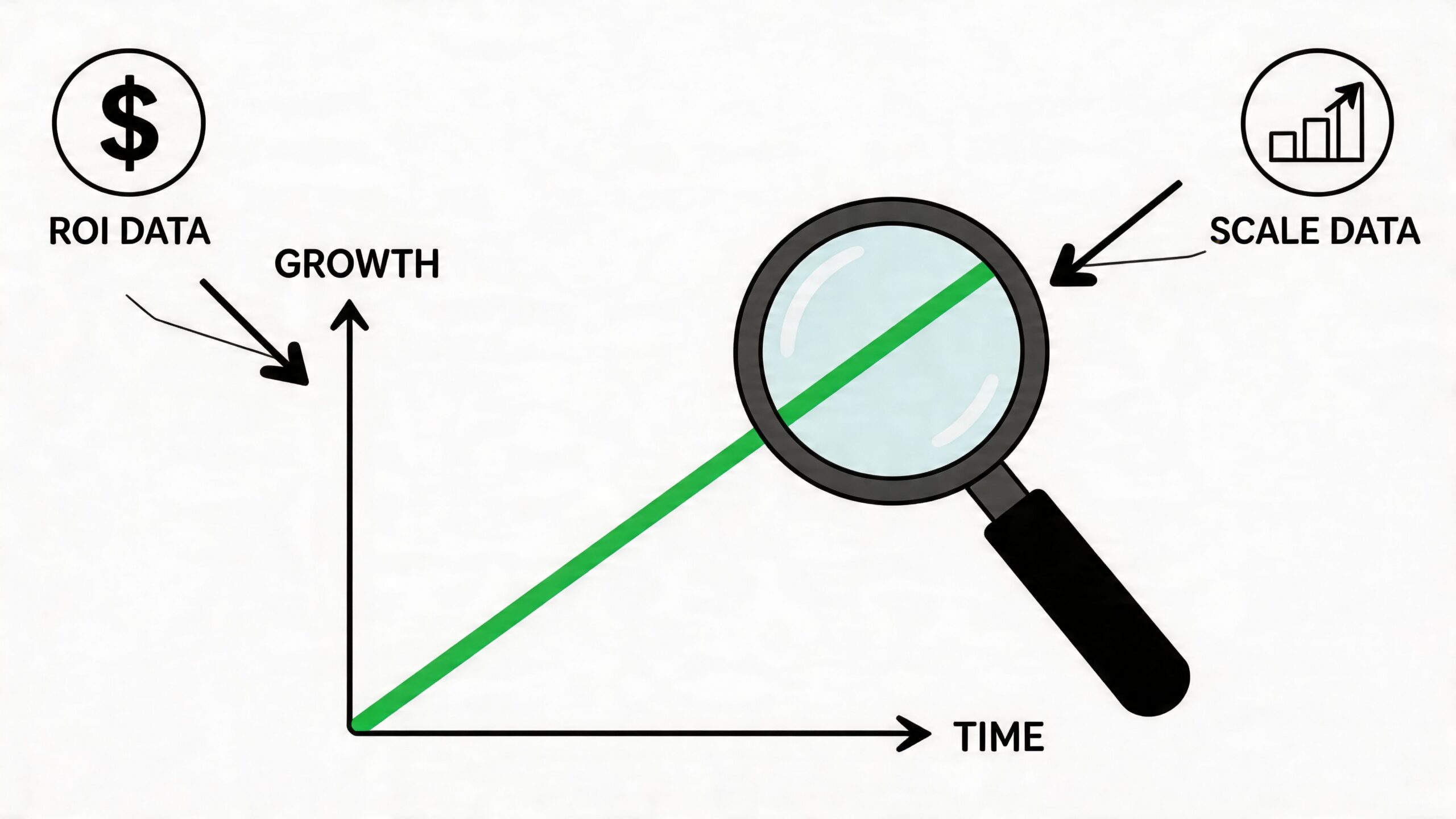 A line graph showing growth over time with a magnifying glass examining the scale data trend.