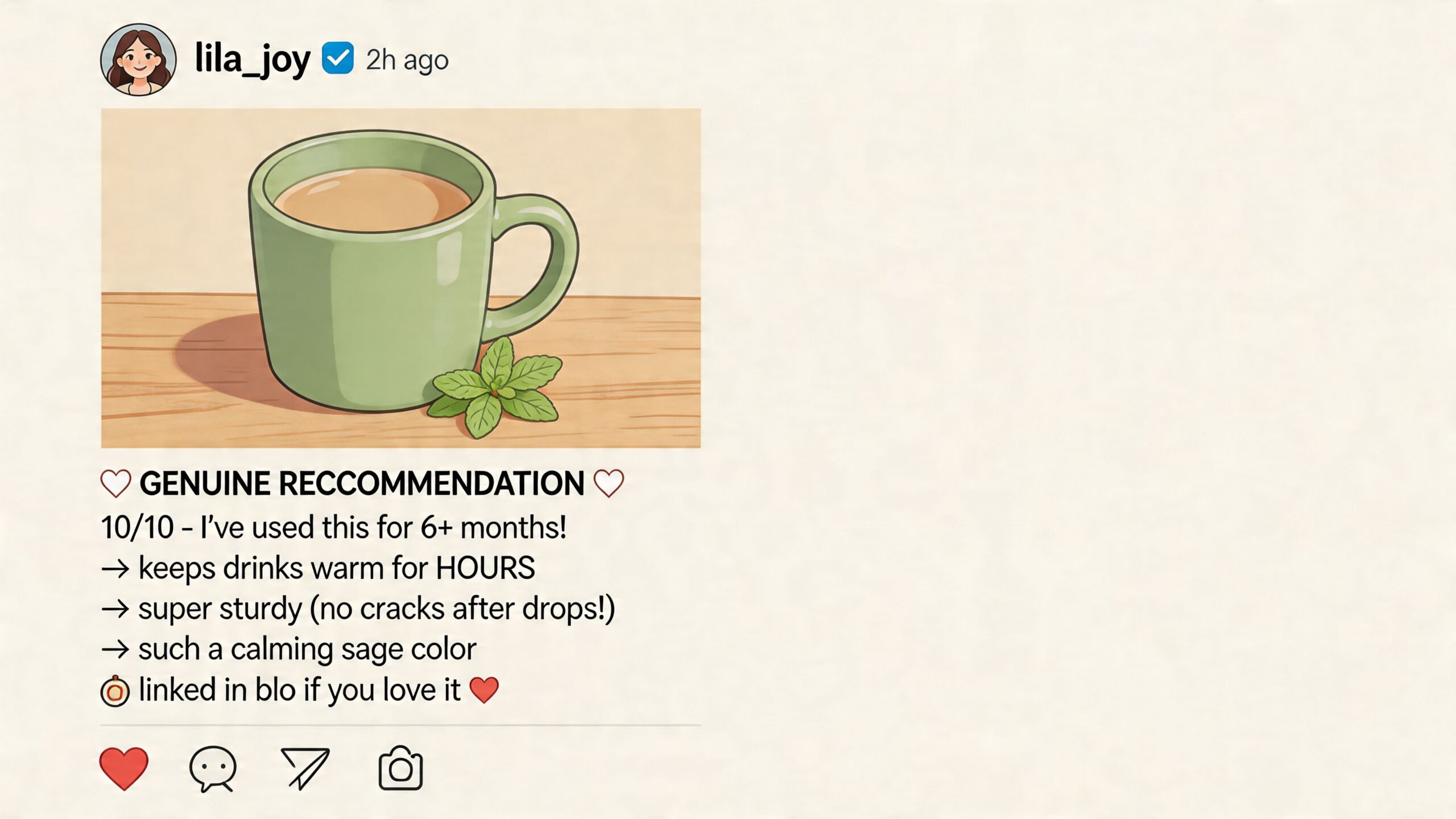A social media post featuring an illustration of a green ceramic mug with tea on a table.