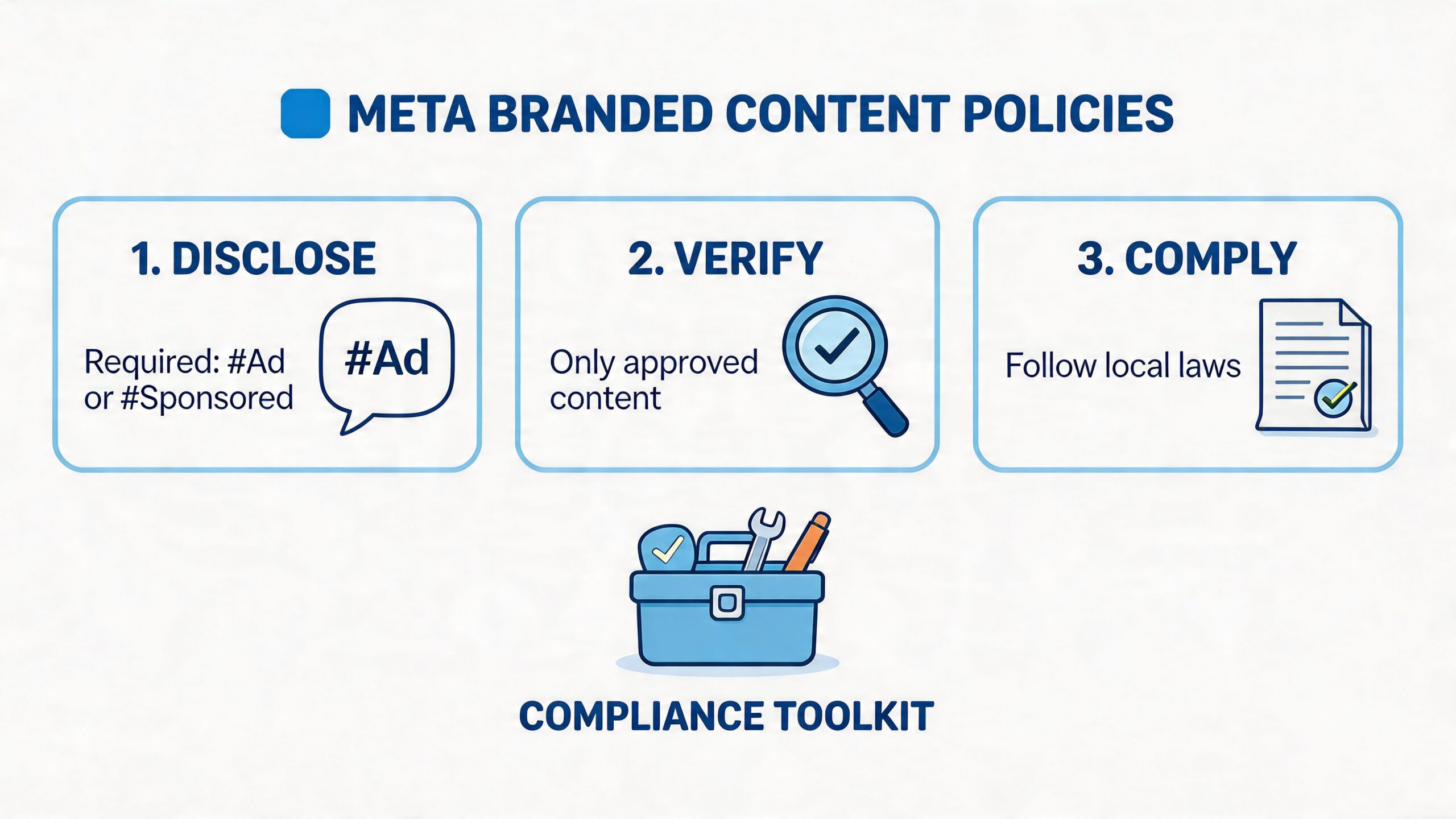 A graphic infographic explaining Meta branded content policies including disclosure, verification, and legal compliance.