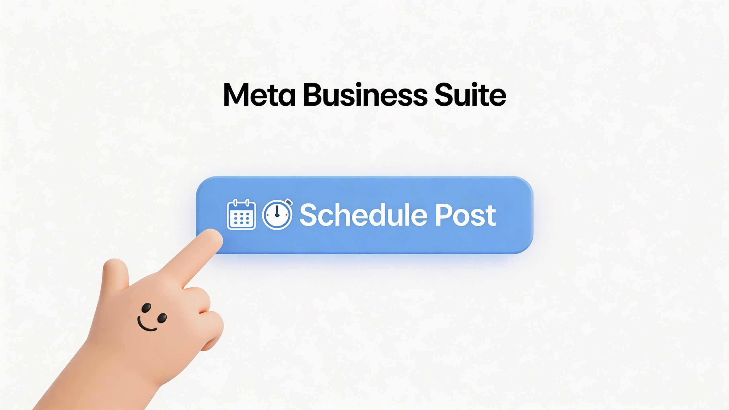 A friendly 3D cartoon hand pointing at a blue Schedule Post button for Meta Business Suite.