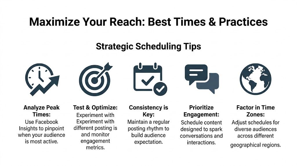 An infographic illustrating five strategic scheduling tips to maximize reach and engagement for Facebook social media posts.