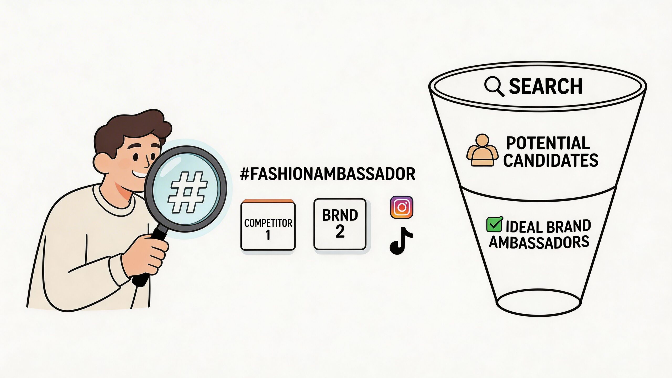 A person using a magnifying glass to research potential clothing brand ambassadors through social media platforms.