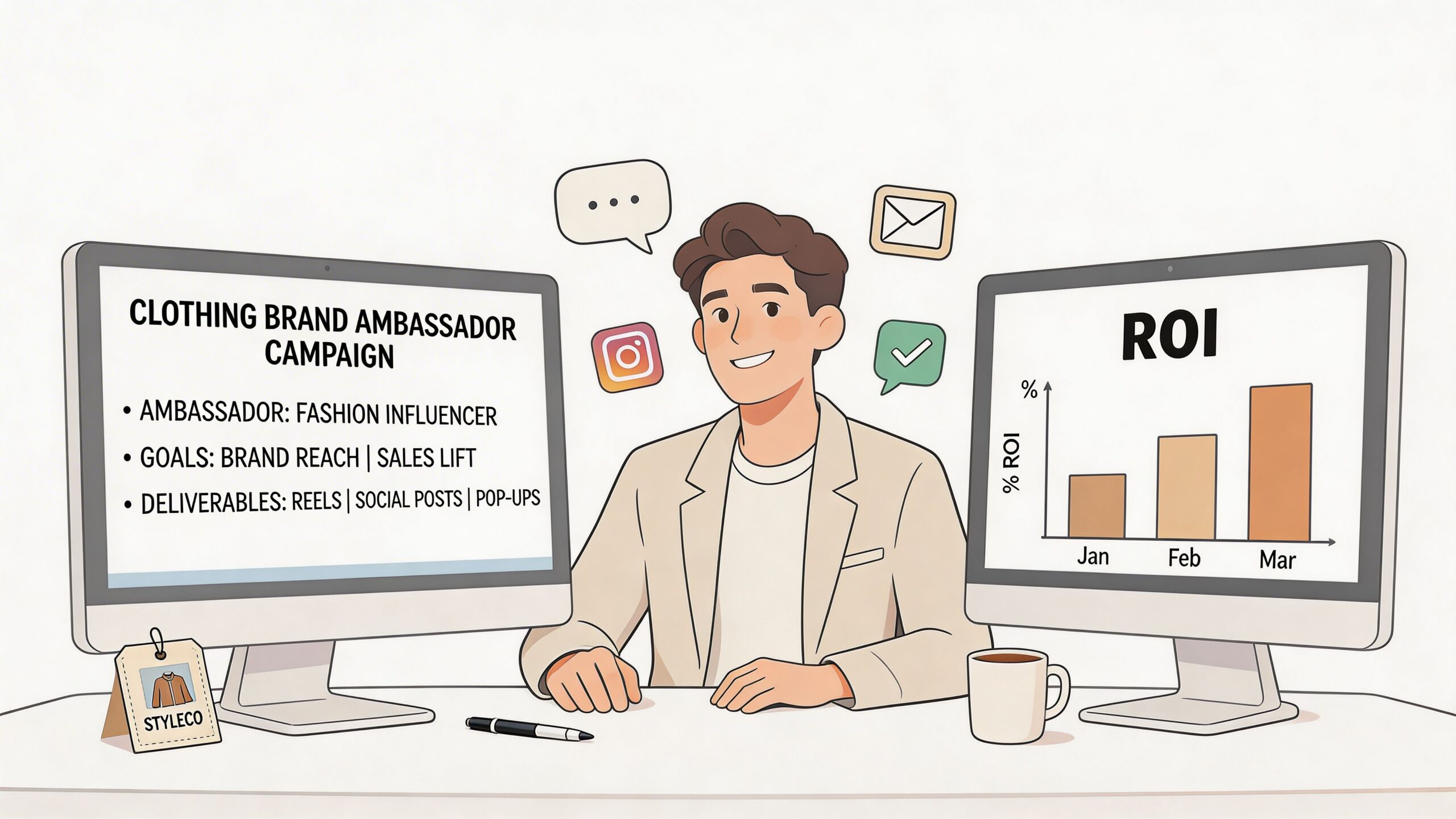 A professional man at a desk analyzing clothing brand ambassador campaign performance data on two computer monitors.