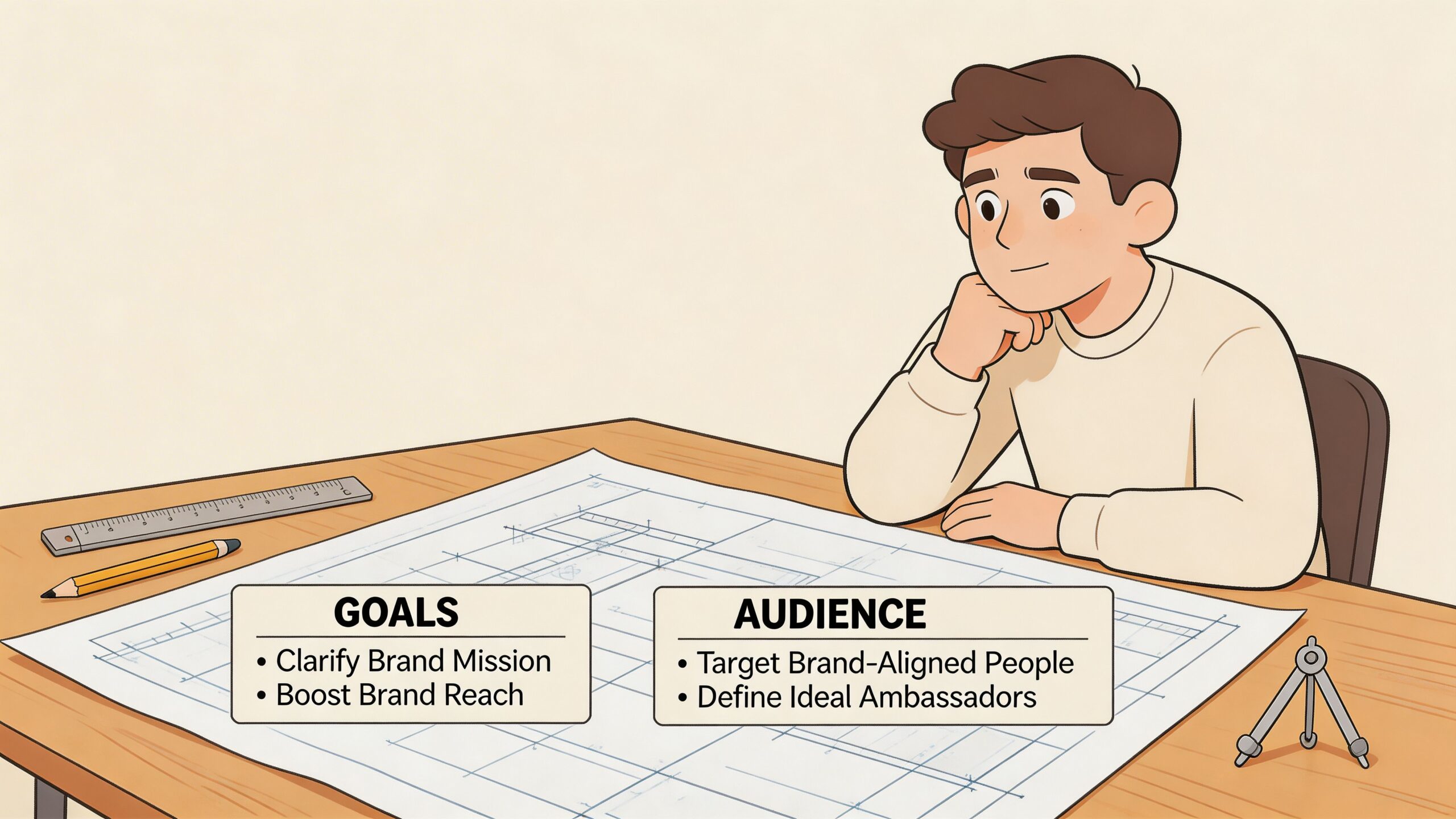 A young person studying blueprints on a desk, illustrating strategic planning for clothing brand ambassadors and goals.