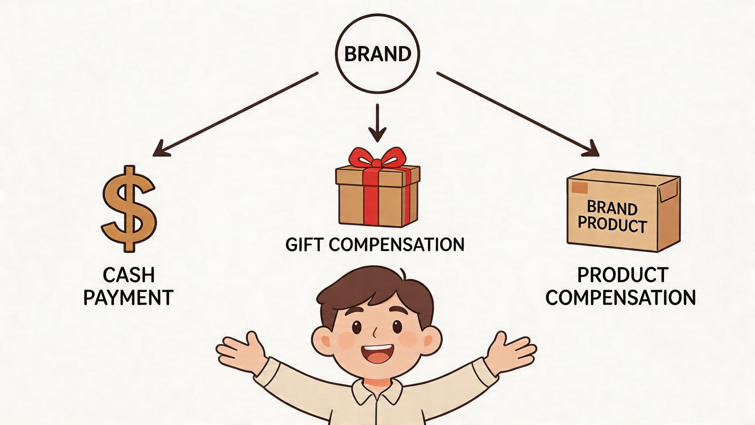A happy person receiving different types of compensation from a brand, including cash, gifts, and products.