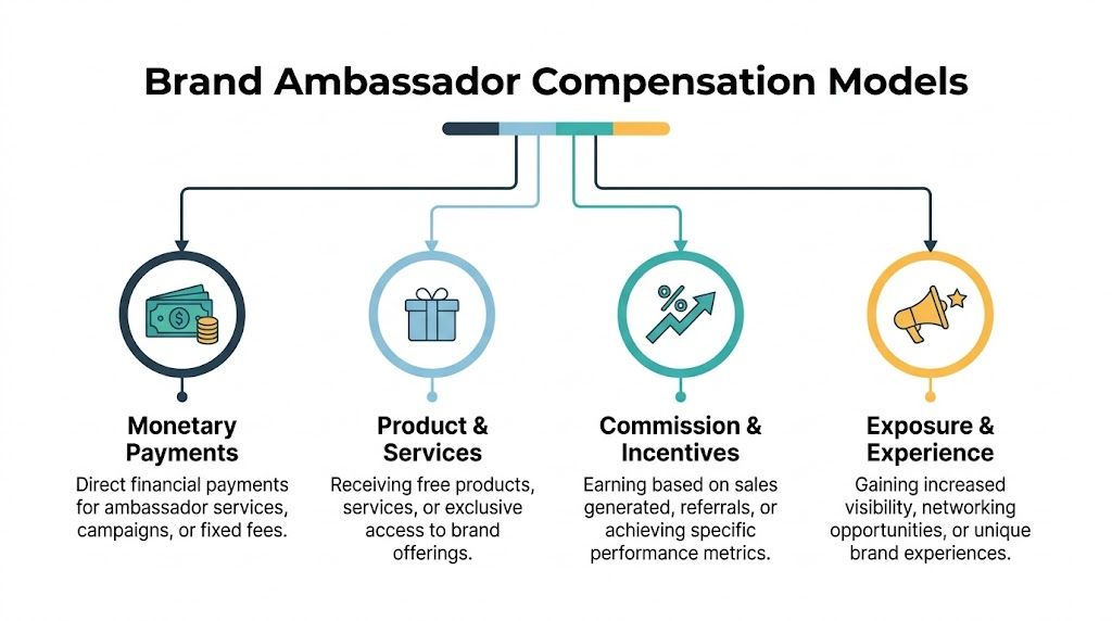 A diagram outlining four different compensation models for brand ambassadors including money, products, commissions, and experiences.