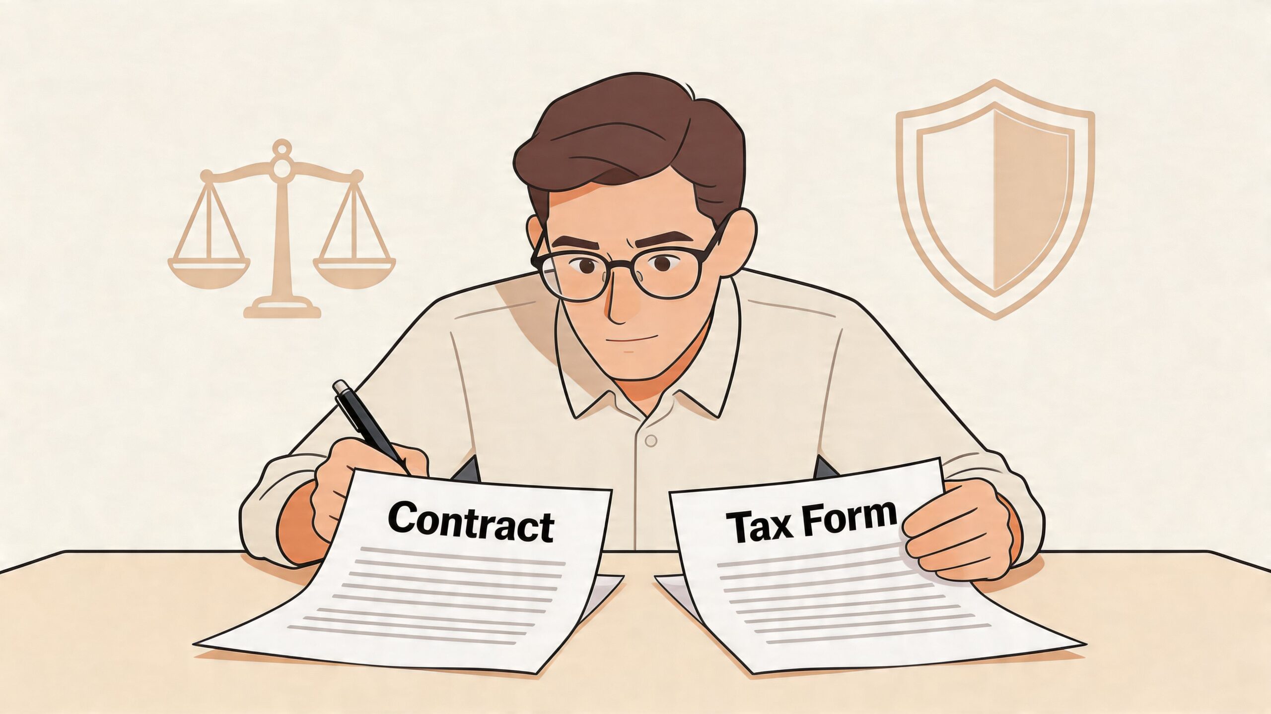 A professional man with glasses sits at a desk reviewing a contract and a tax form.