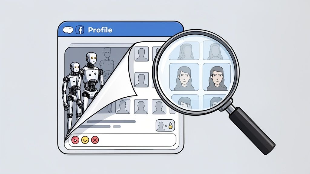 A magnifying glass revealing robot profiles behind human profile pictures on a social media interface.