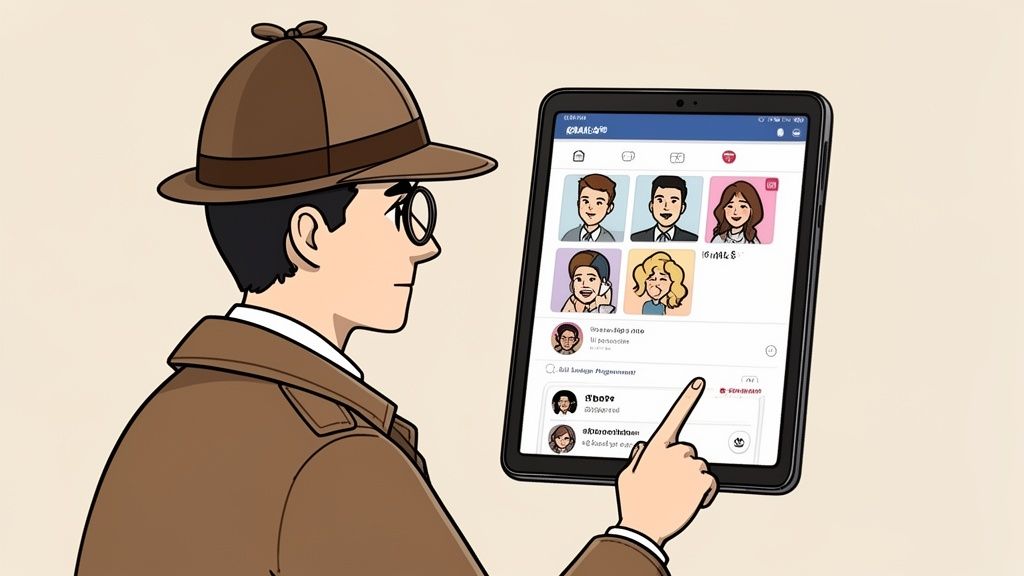 A cartoon detective inspecting a tablet screen displaying social media profiles and potential fake subscriber counts.