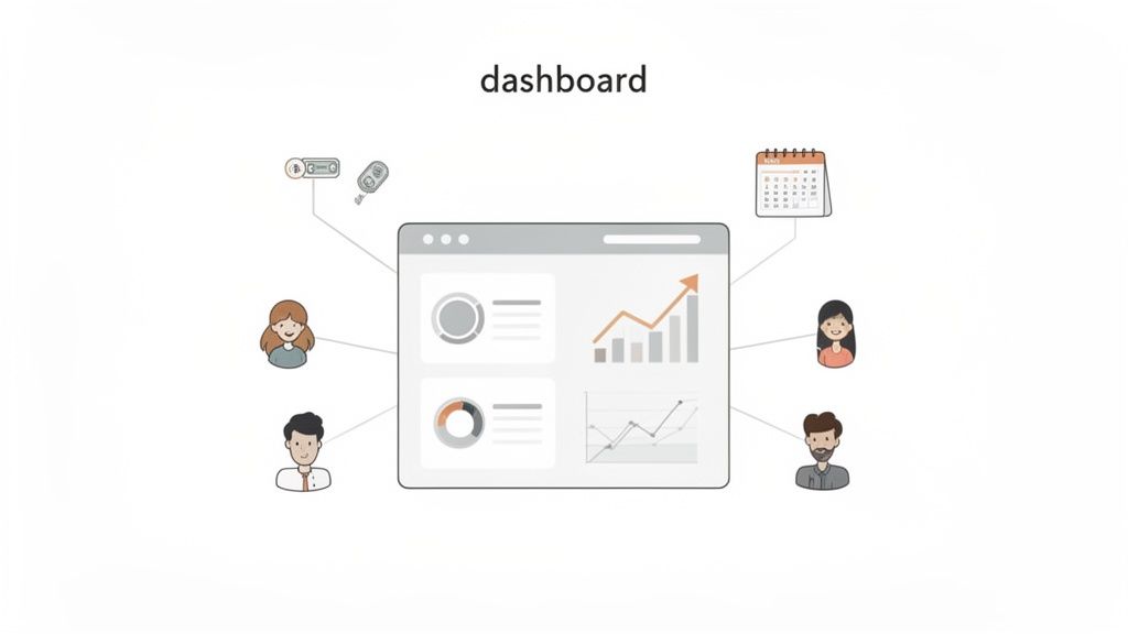 A clean graphic showing a dashboard interface with charts, connected to a calendar, car keys, and four diverse user avatars.