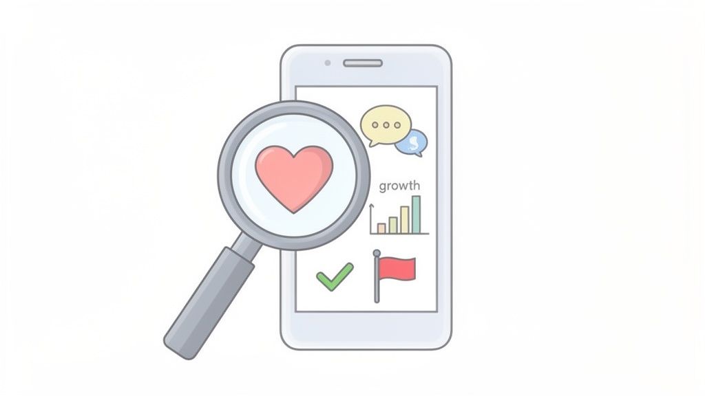A magnifying glass focusing on a heart on a smartphone screen, depicting social media engagement, growth, and success metrics for influencers.