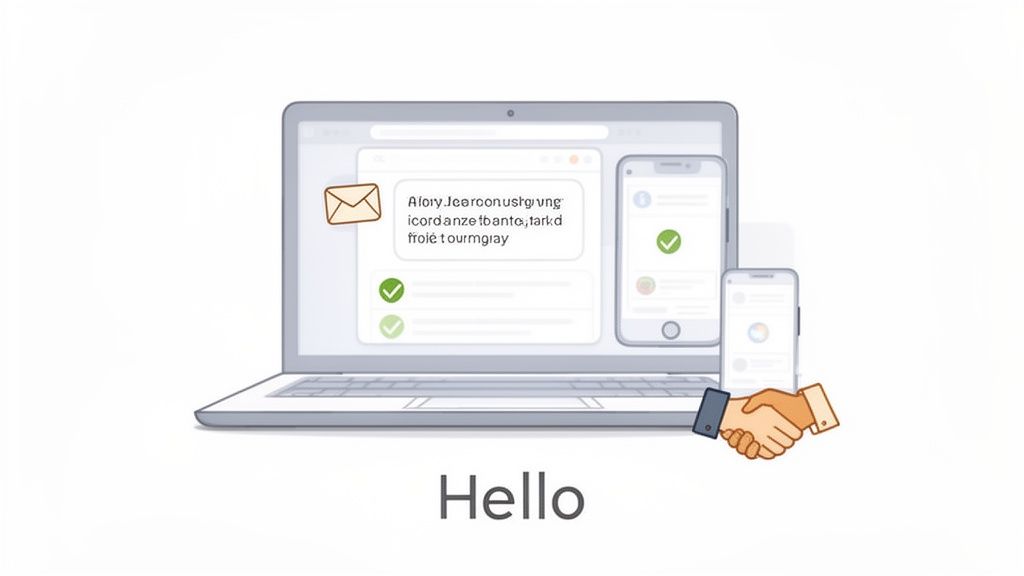 Laptop, two smartphones, and email icon displaying checkmarks, with a handshake and 'Hello' text.