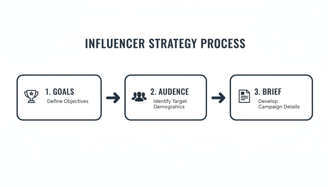 A flowchart outlines the three-step influencer strategy process: Goals, Audience, and Brief.