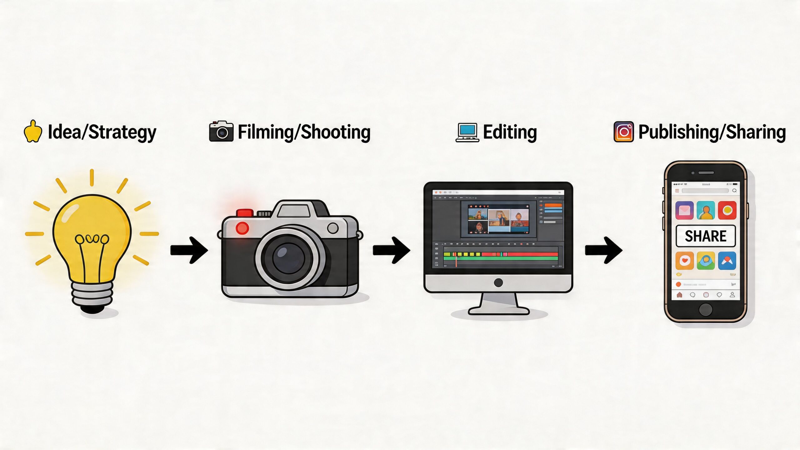 A flowchart showing the content creation process from idea and filming to editing and digital sharing.