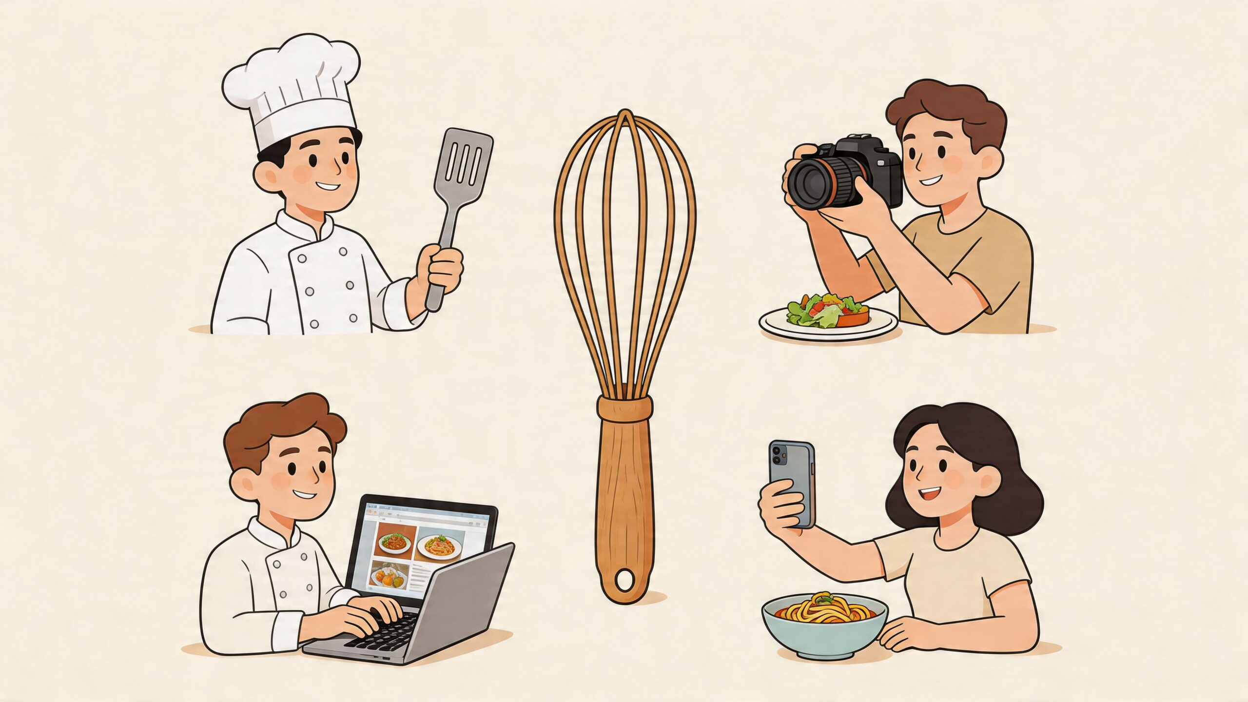 A collection of illustrations featuring a chef, food photographer, and content creators with kitchen tools and food.