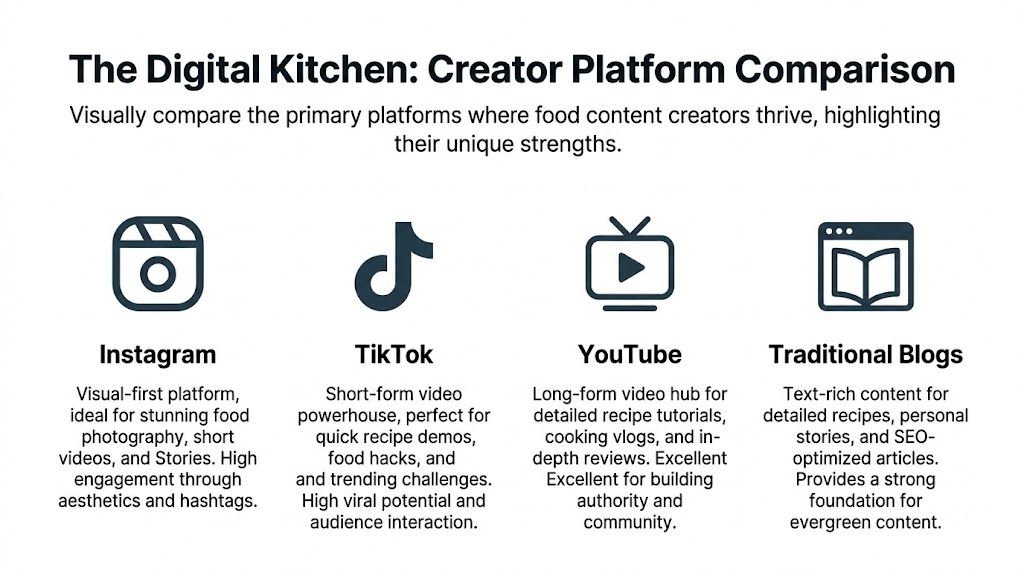 A comparison infographic detailing strengths of Instagram, TikTok, YouTube, and blogs for food content creators.