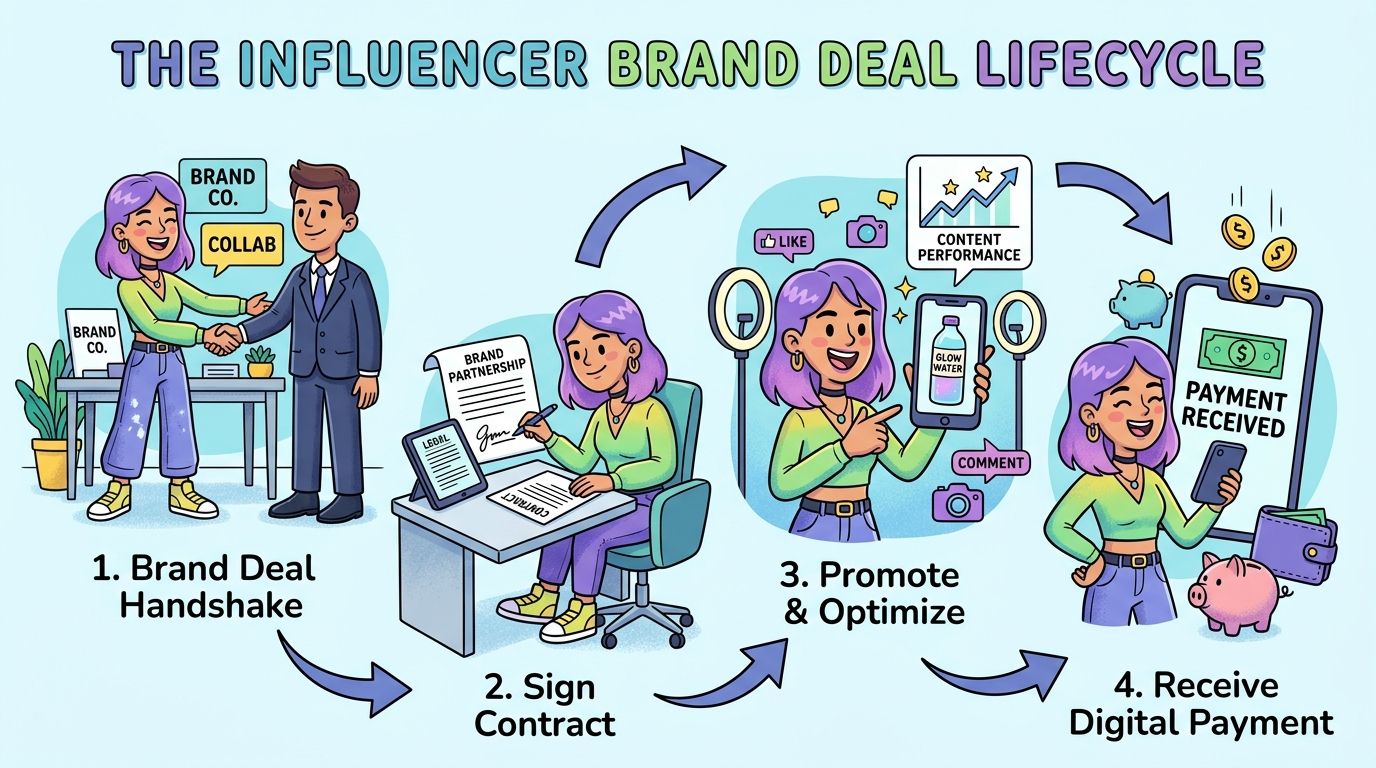An infographic detailing the four steps of an influencer brand deal lifecycle from handshake to payment.