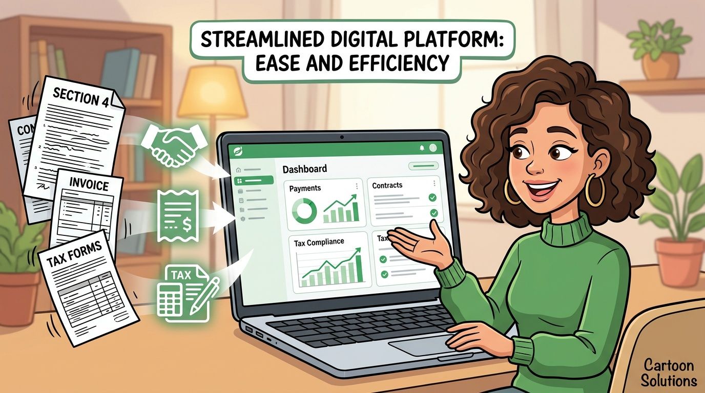 A woman using a laptop to manage contracts, invoices, and tax forms on a digital platform dashboard.
