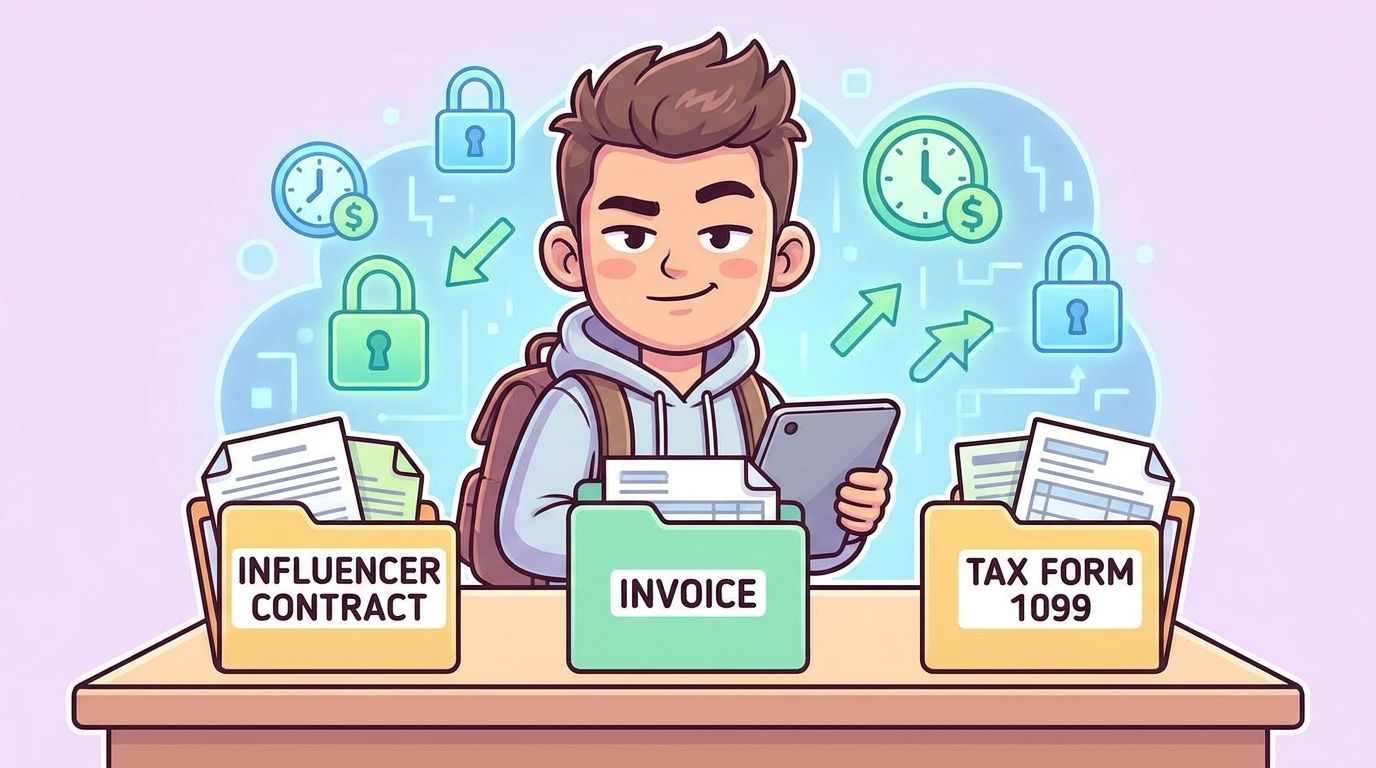 An illustration of an influencer managing digital contracts, invoices, and tax documents on a desk.