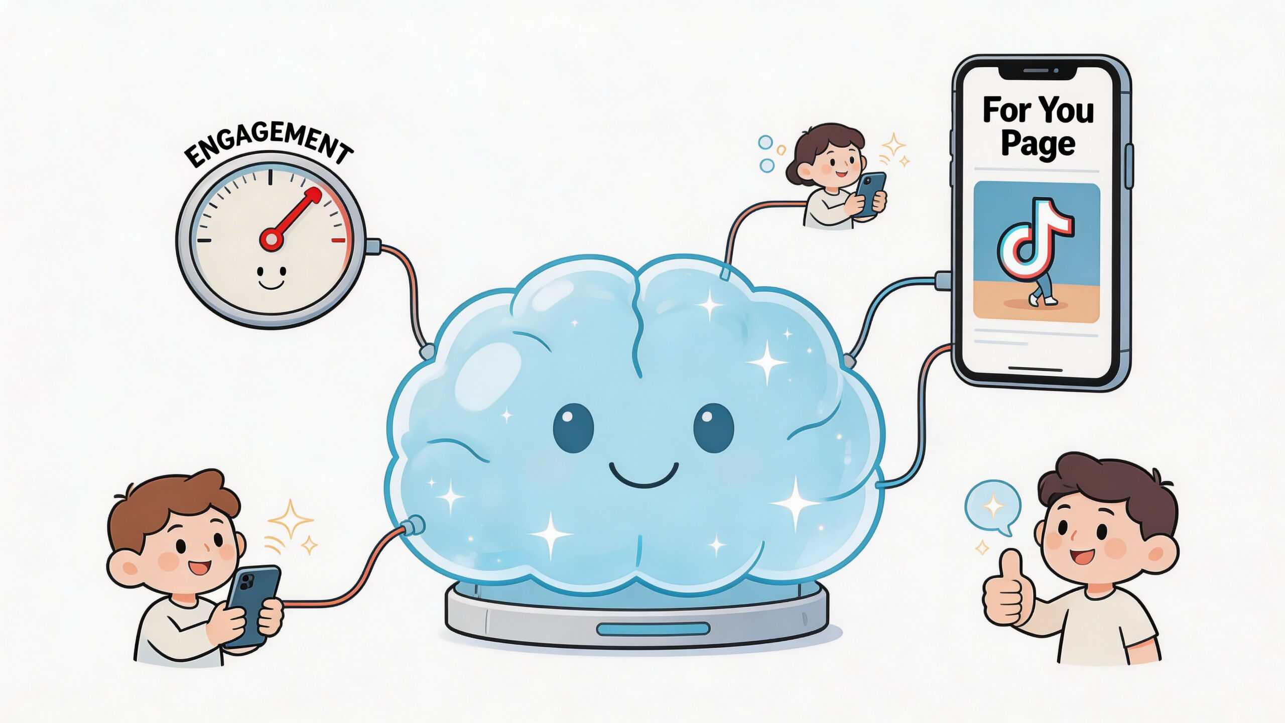 A cute brain graphic showing engagement levels and users interacting with the TikTok For You Page app.