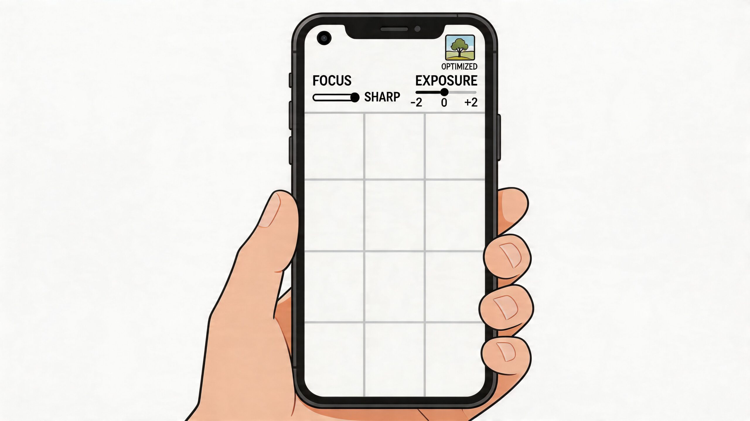 A hand holding a smartphone showing an interface with settings for photo focus and exposure optimization.