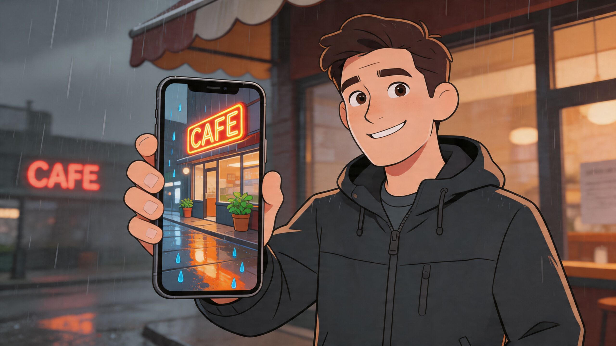 A friendly young man in a dark hoodie holding up a smartphone showing a cozy neon cafe.