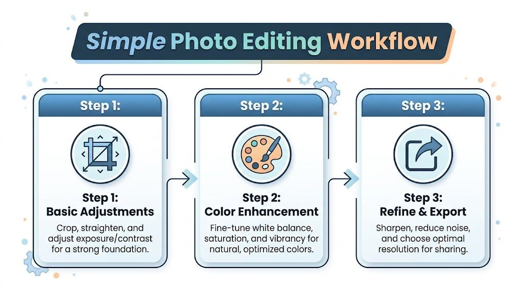 A simple infographic flowchart detailing a three-step photo editing workflow for basic adjustments, color enhancement, and exporting.