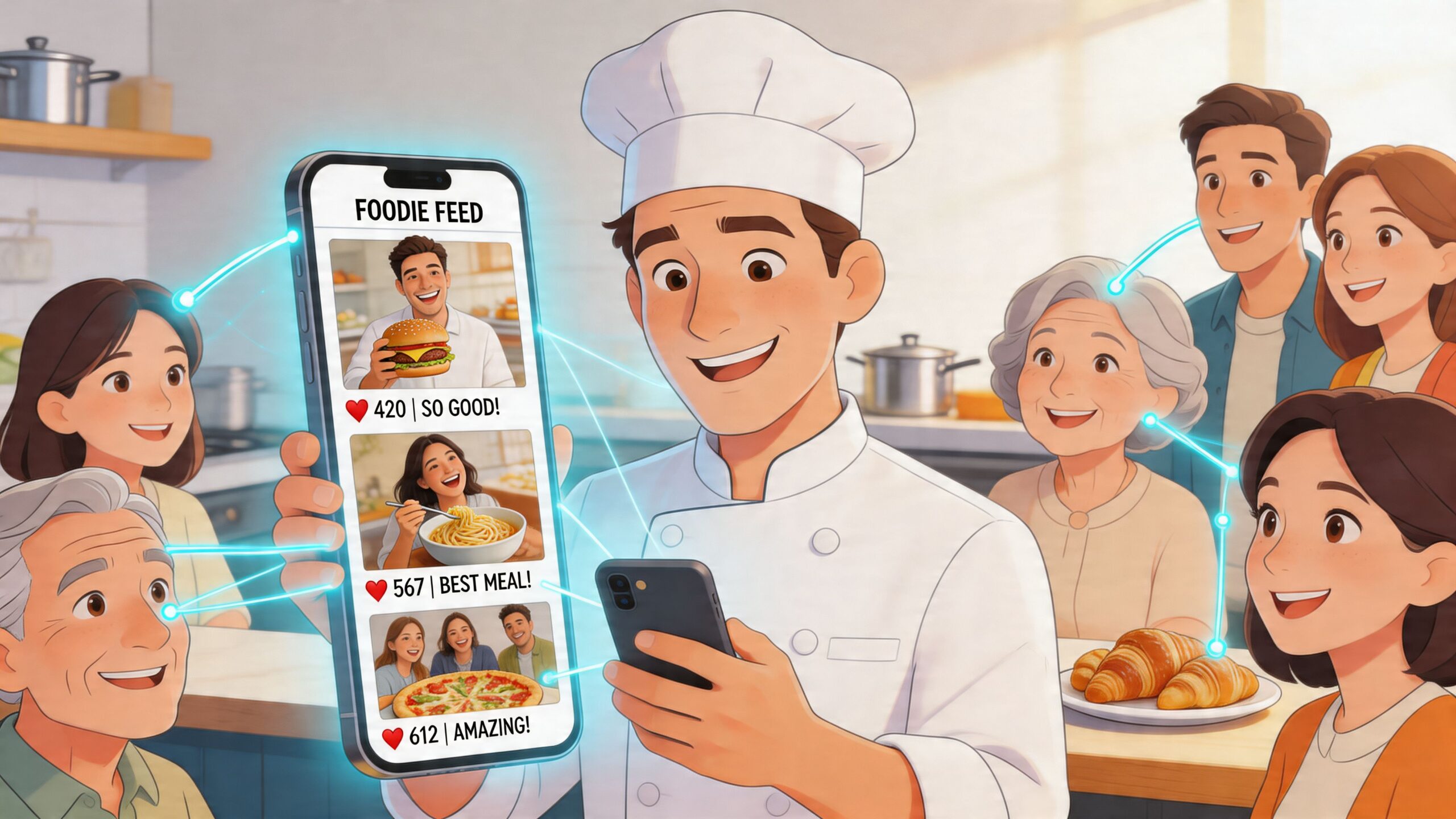 A friendly chef sharing a digital food blog on a smartphone with a group of happy people.