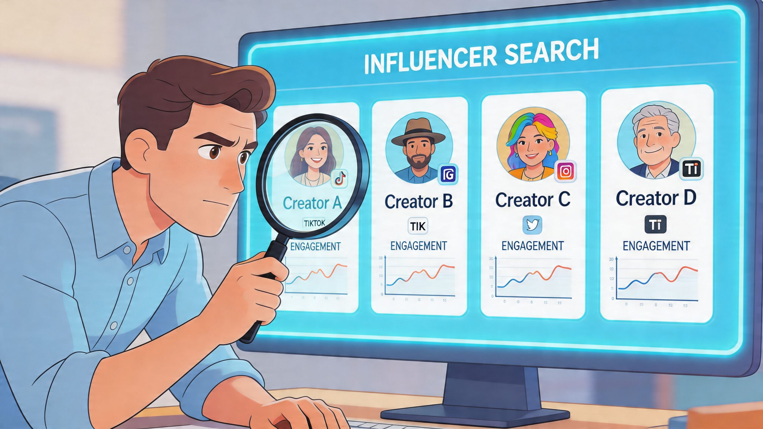 A person using a magnifying glass to analyze influencer profile data on a digital search screen.