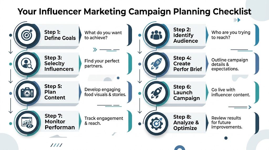 A detailed 8-step infographic checklist for planning a successful food-focused influencer marketing campaign strategy.