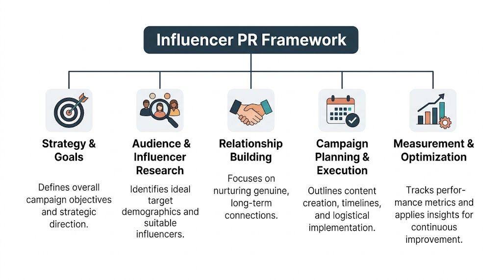 A flow chart outlining the five stages of an Influencer PR Framework including strategy and measurement.