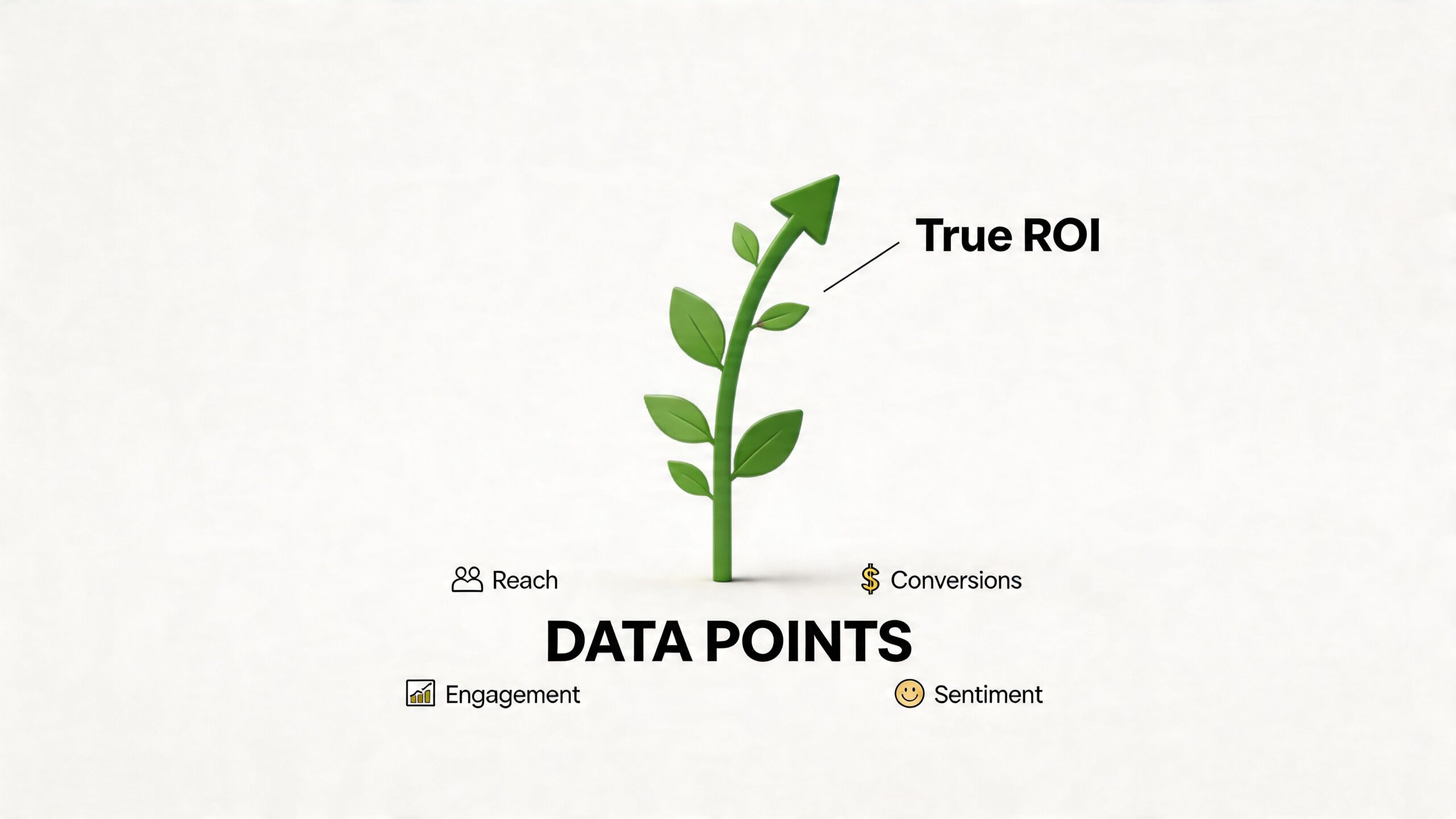 A conceptual graphic illustrating True ROI represented as a growing plant nourished by marketing data points.