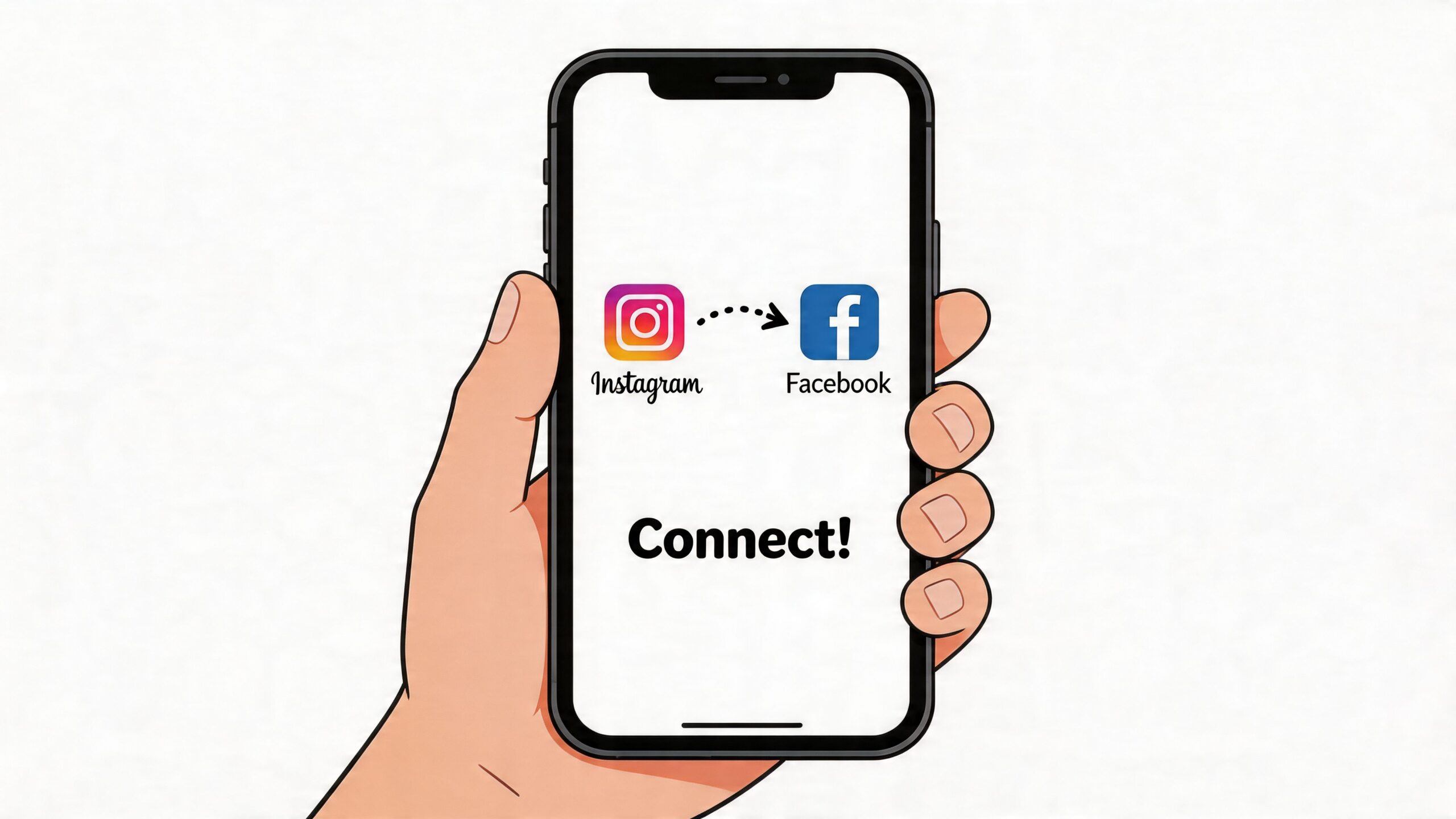 A hand holding a smartphone displaying a screen prompt to connect Instagram and Facebook accounts together.
