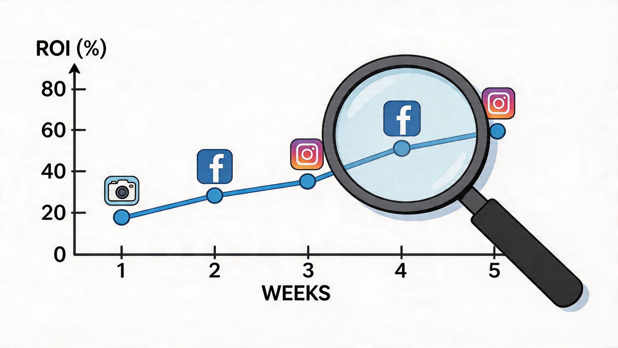 A line chart showing a steady increase in ROI percentage over five weeks of social media marketing.