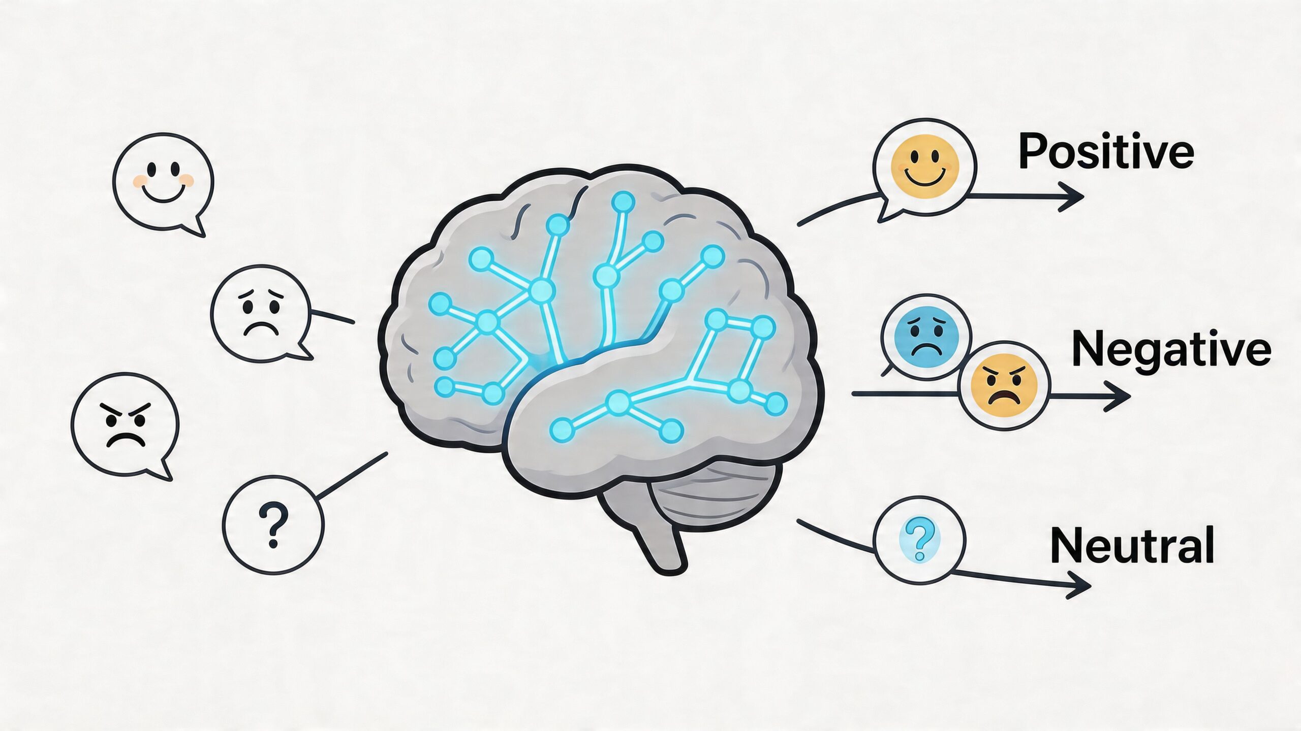 A brain illustration showing connections to icons representing positive, negative, and neutral sentiment analysis processes.