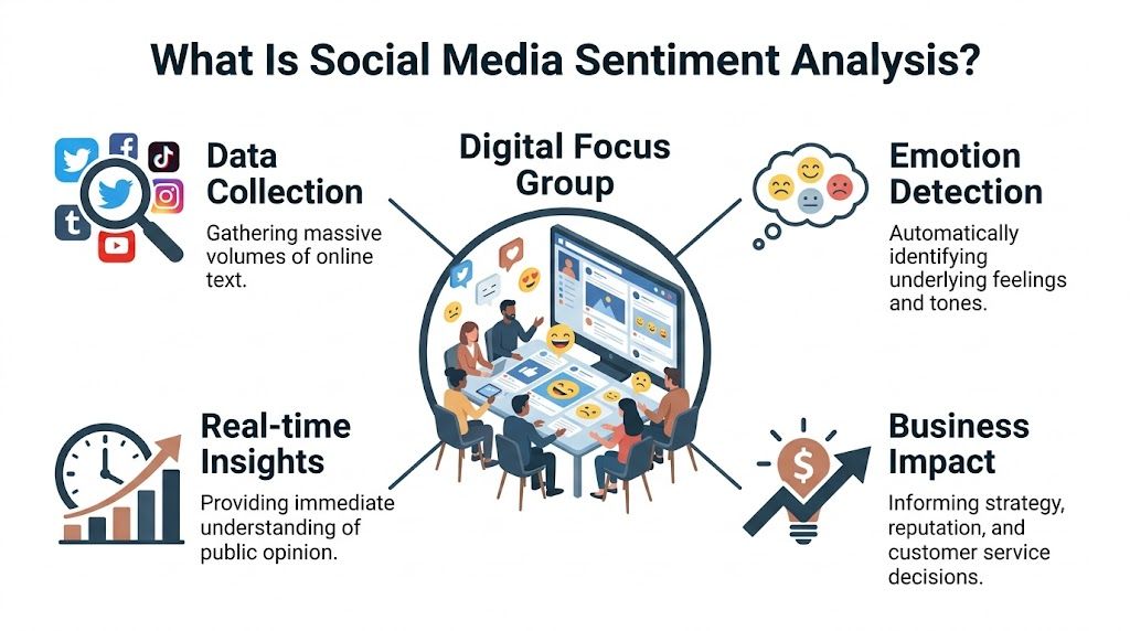 An infographic titled What Is Social Media Sentiment Analysis, showing data collection, emotion detection, insights, and business impact.