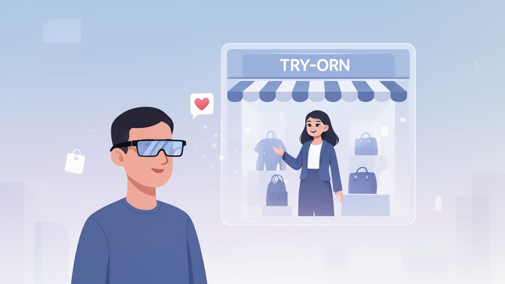 Man wearing AR glasses views a virtual 'TRY-ORN' shop with a sales assistant and products.
